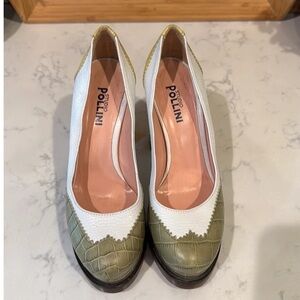 Pollini Women's Stylish Green and White Heels